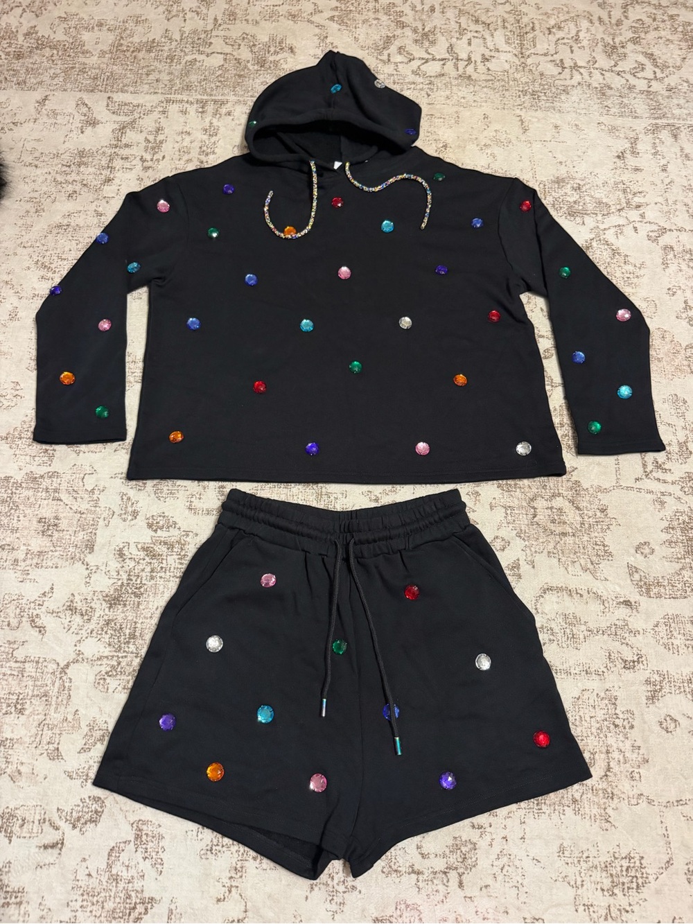 QUEEN OF SPARKLES SET Black Hoodie & Shorts with Multicolor Gems